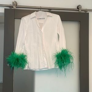 White Zara button down with green feather cuff sleeves